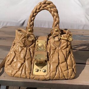 Authentic Miu Miu Beige Matelasse Lux Leather Bauletto Aperto Shoulder Bag